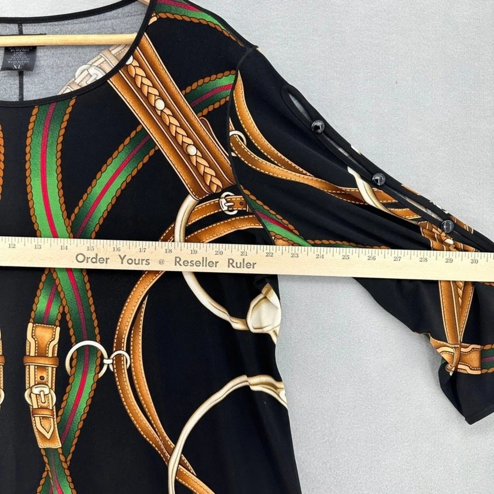 Eva Varro Equestrian Tunic Top Black Equestrian Belt Buckle Print 3/4 Sleeve USA - Picture 7 of 8